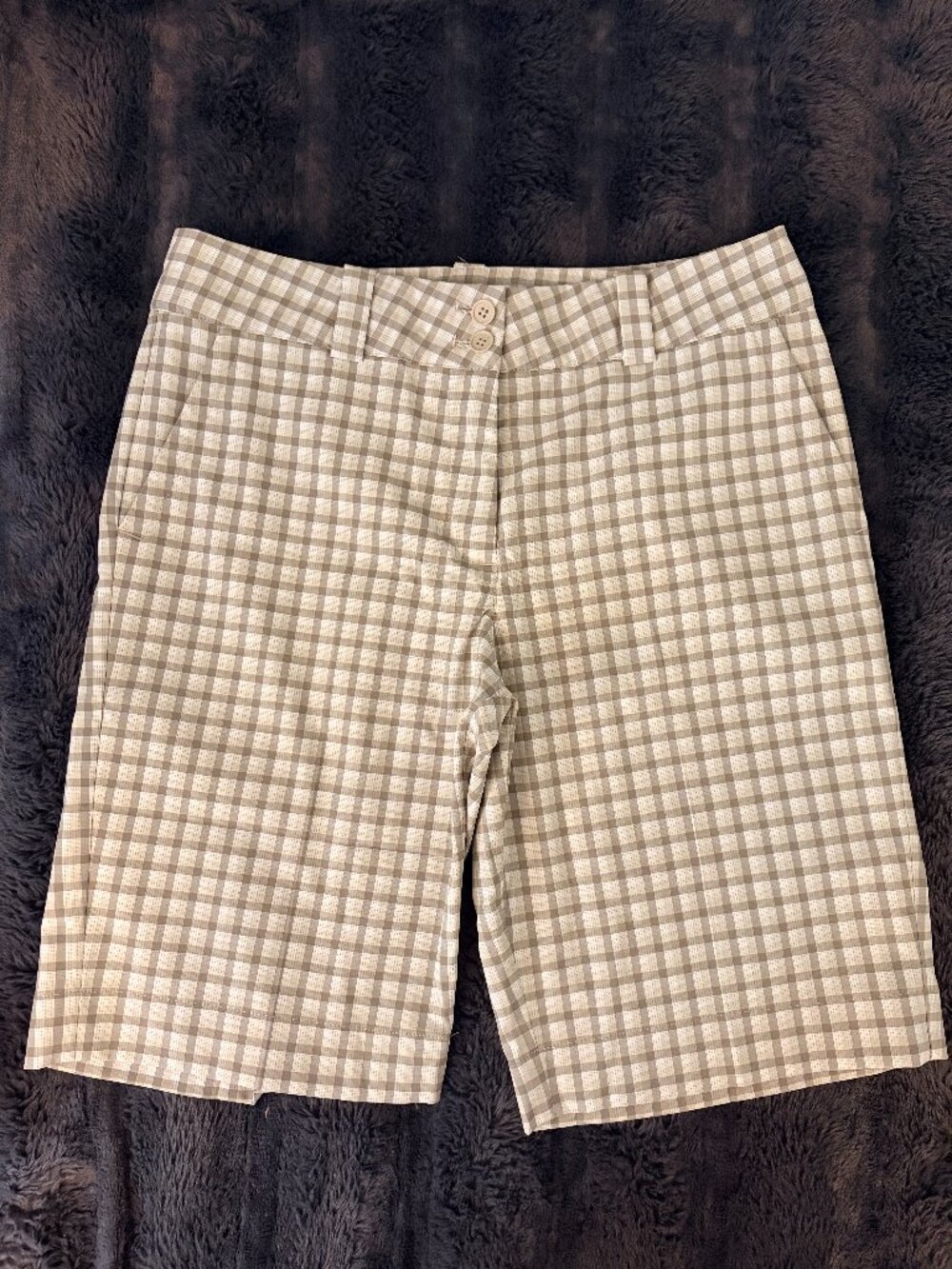 Nike Golf Dri-FIT Womens Shorts Size 6 Tan Gingham Plaid Bermuda Stretch Preppy